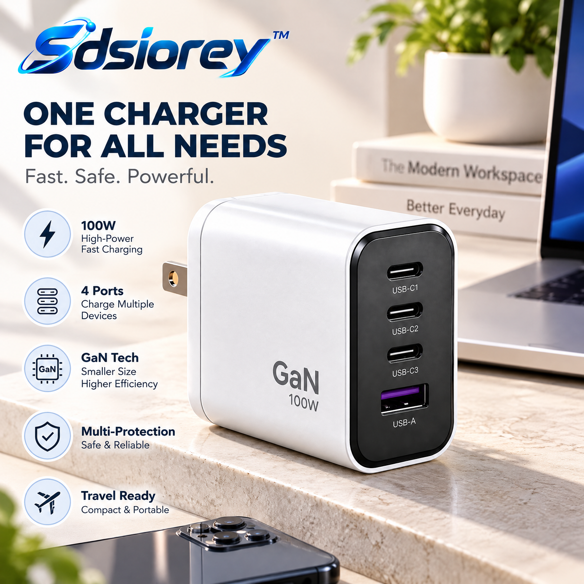 Sdsiorey™ GaN Multi-Port Fast Charger – Compact High-Speed USB-C & USB Charging Adapter