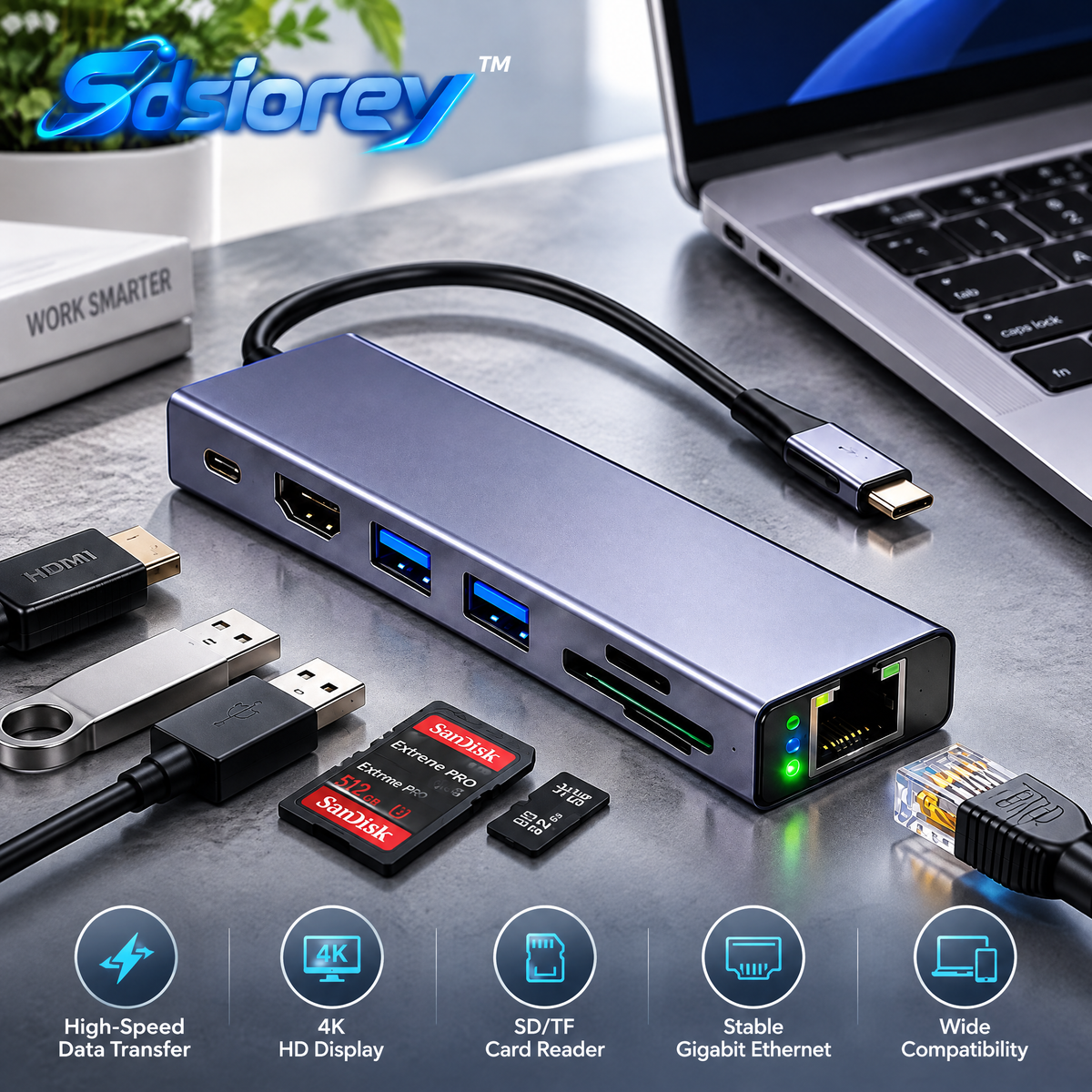 Sdsiorey™ USB-C Multiport Hub – Compact Laptop Expansion Adapter for Work & Travel
