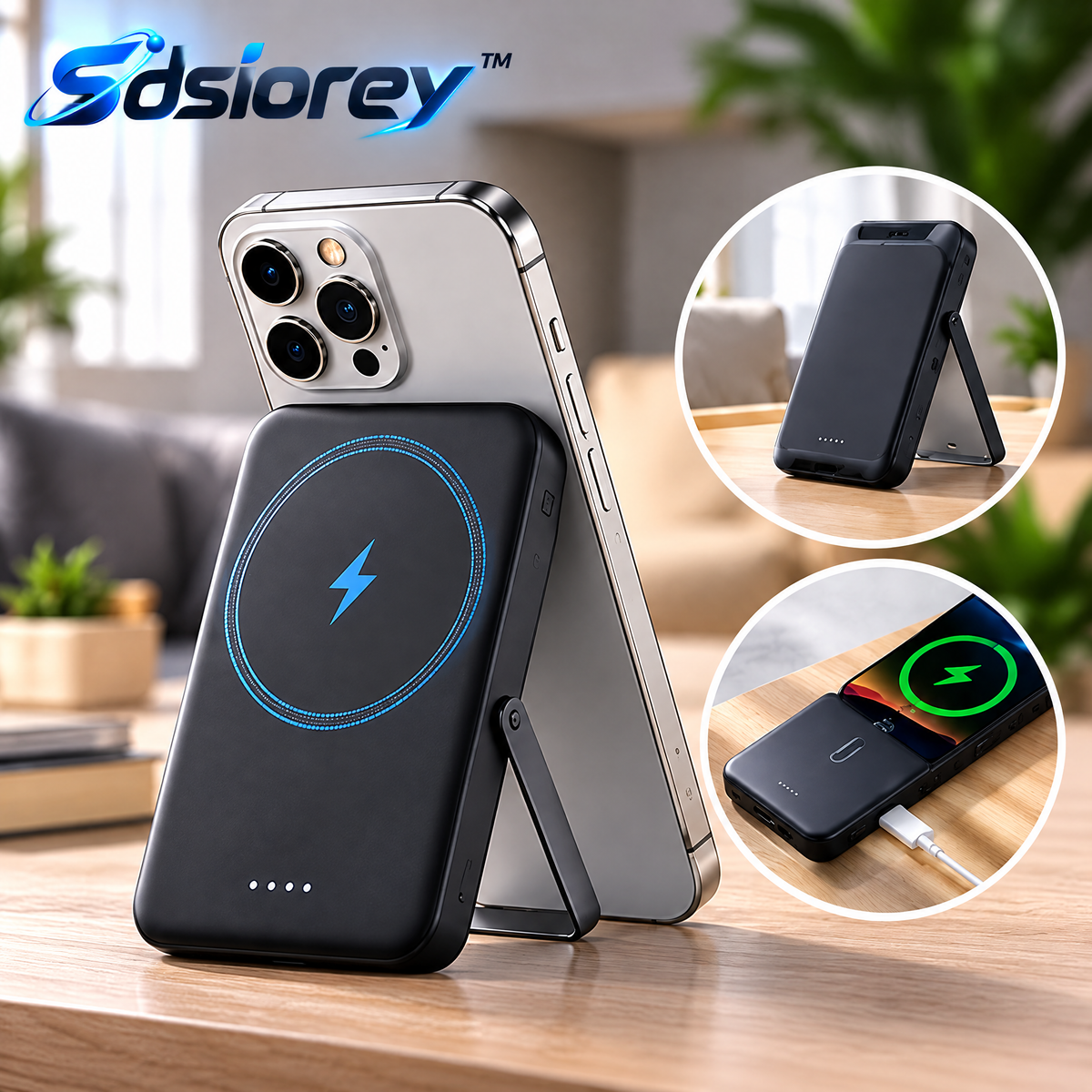Sdsiorey™ Magnetic Wireless Power Bank – Portable Snap-On Charger with Built-In Stand