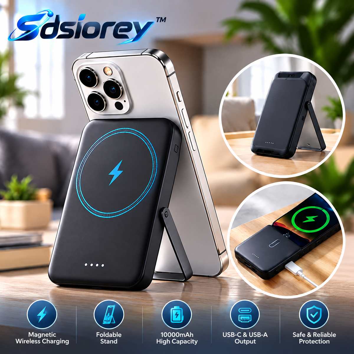 Sdsiorey™ Magnetic Wireless Power Bank – Portable Snap-On Charger with Built-In Stand