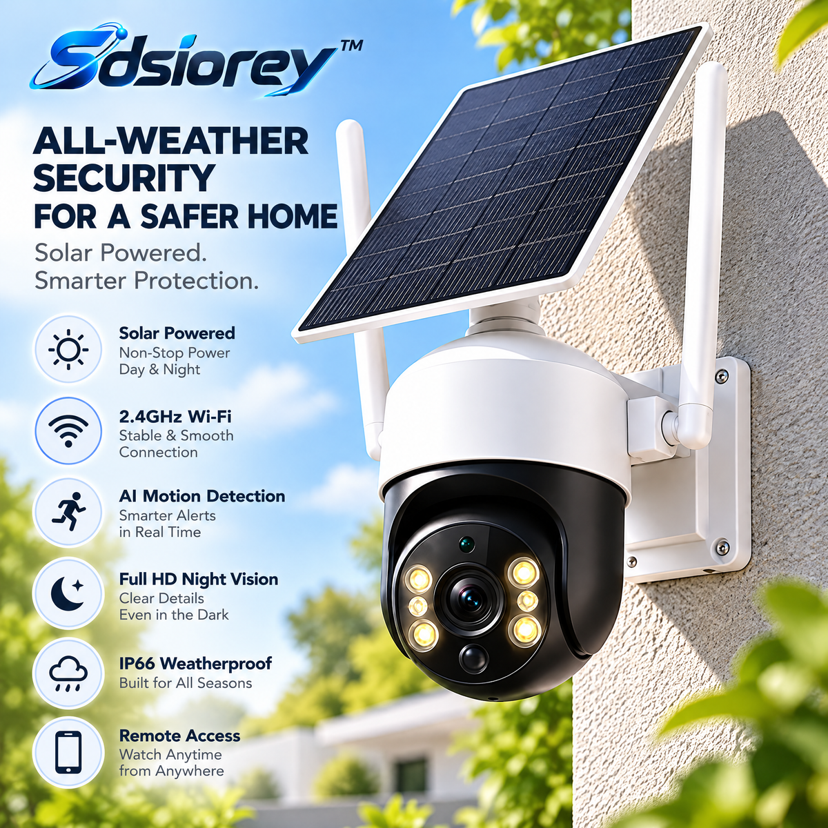 Sdsiorey™ Solar Outdoor Security Camera – Wireless Home Monitoring Camera with Solar Charging