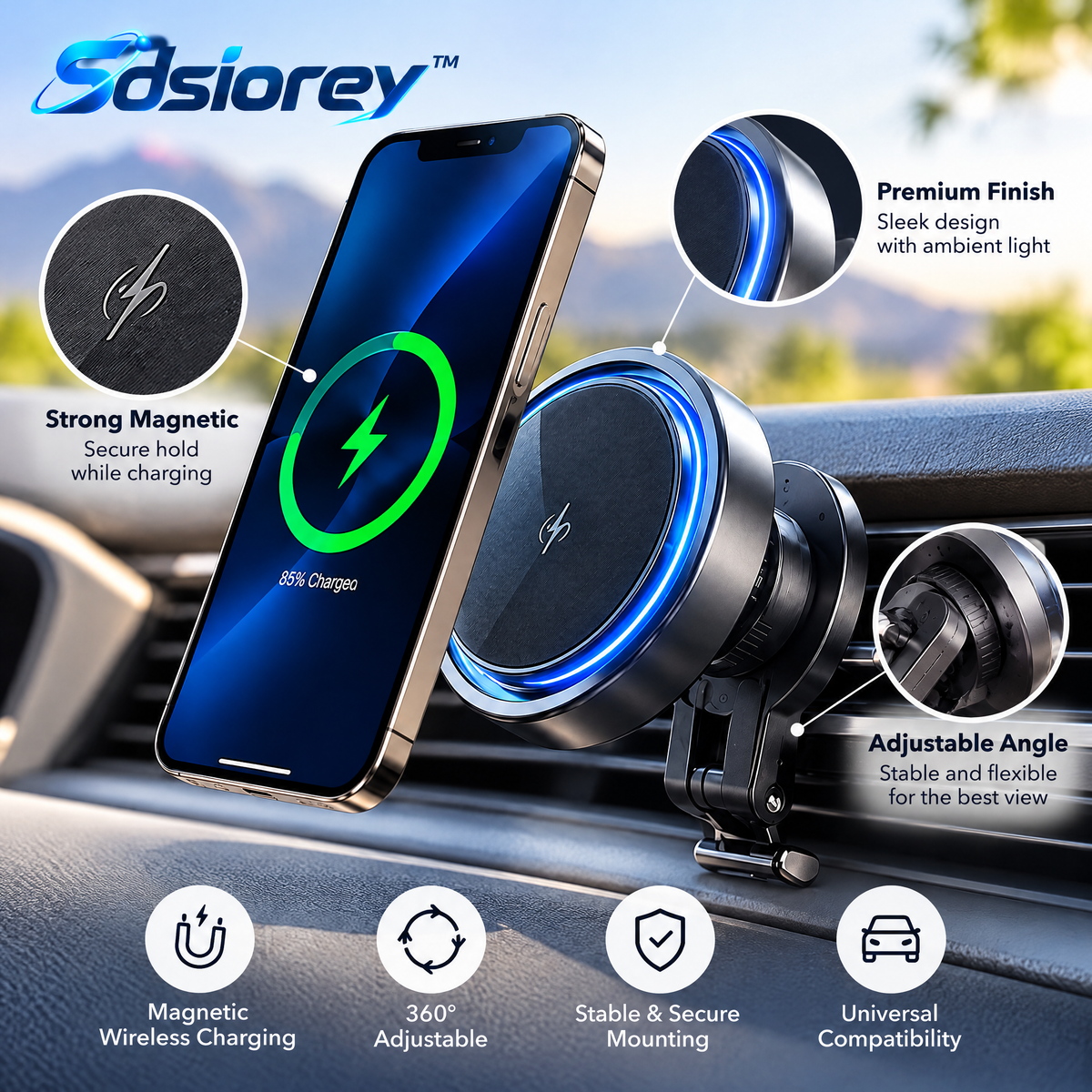 Sdsiorey™ Magnetic Wireless Car Charger Mount – Adjustable Dashboard Phone Holder