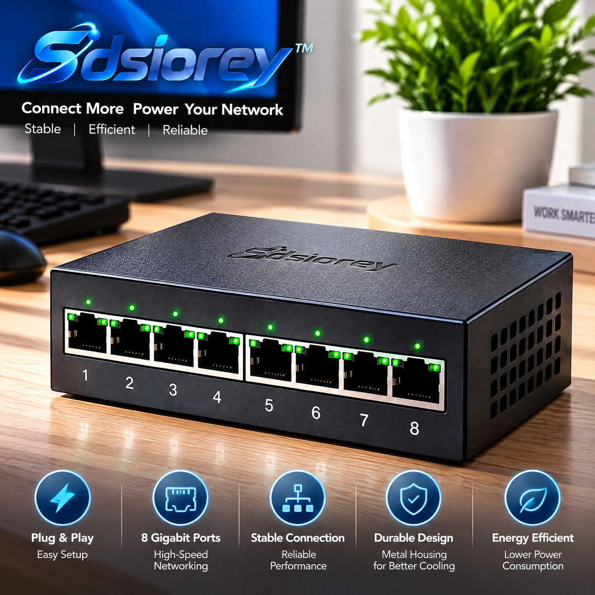 Sdsiorey™ Gigabit Ethernet Network Switch – Multi-Port Wired LAN Hub for Home & Small Office